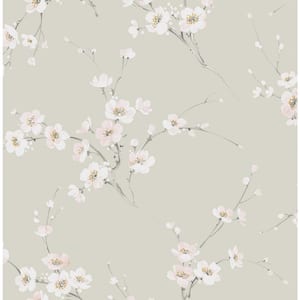 56 sq. ft. Pavestone & Pink Mist Blossoming Branches Pre-pasted Paper Wallpaper Roll