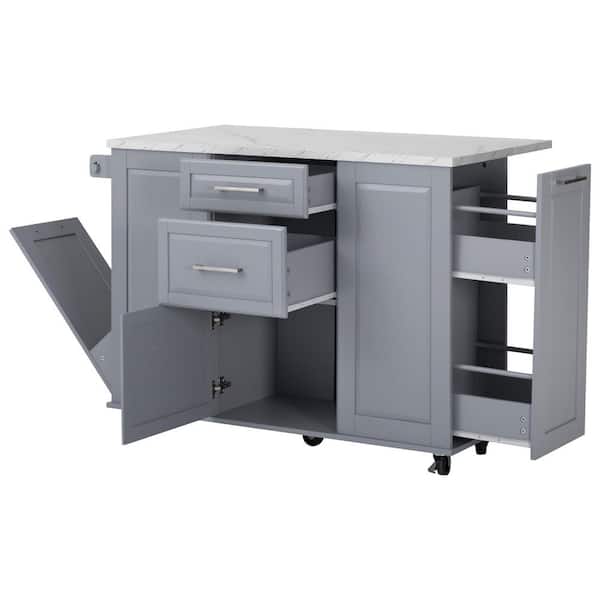 Nestfair Gray Blue Wood 50.7 in. Rolling Kitchen Island with Storage Tilt Trash Can Cabinet, Drop Leaf, 2-Drawers and 5-Wheels