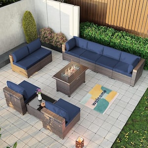 10-Piece Wicker Patio Conversation Set with 55000 BTU Gas Fire Pit Table and Glass Coffee Table and Navy Cushions