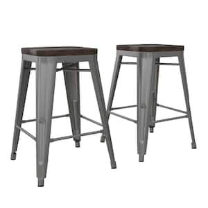 Penelope 24 in. Silver Metal Counter Stool with Wood Seat, Set of 2
