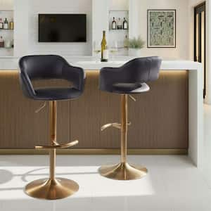 Margarite 32.75 in. Black Faux Leather and Gold Metal Adjustable Bar Stool with Rounded T Footrest (Set of 2)