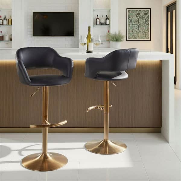Margarite 32.75 in. Black Faux Leather and Gold Metal Adjustable Bar Stool with Rounded T Footrest (Set of 2)