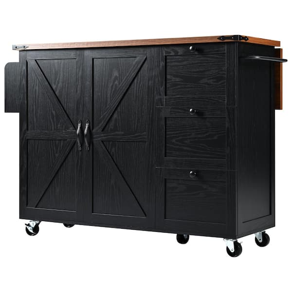 54.5 in. Outdoor Bar Black P2 Wood Board Large Kitchen Island with Power Outlet Storage Leaf Wheels and Storage Shelves