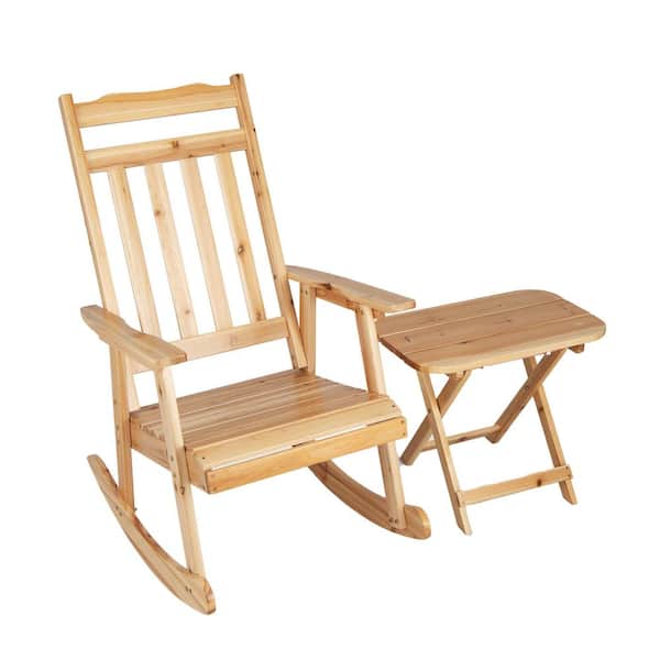 WELLFOR Natural Wood Outdoor Rocking Chair with Foldable Table
