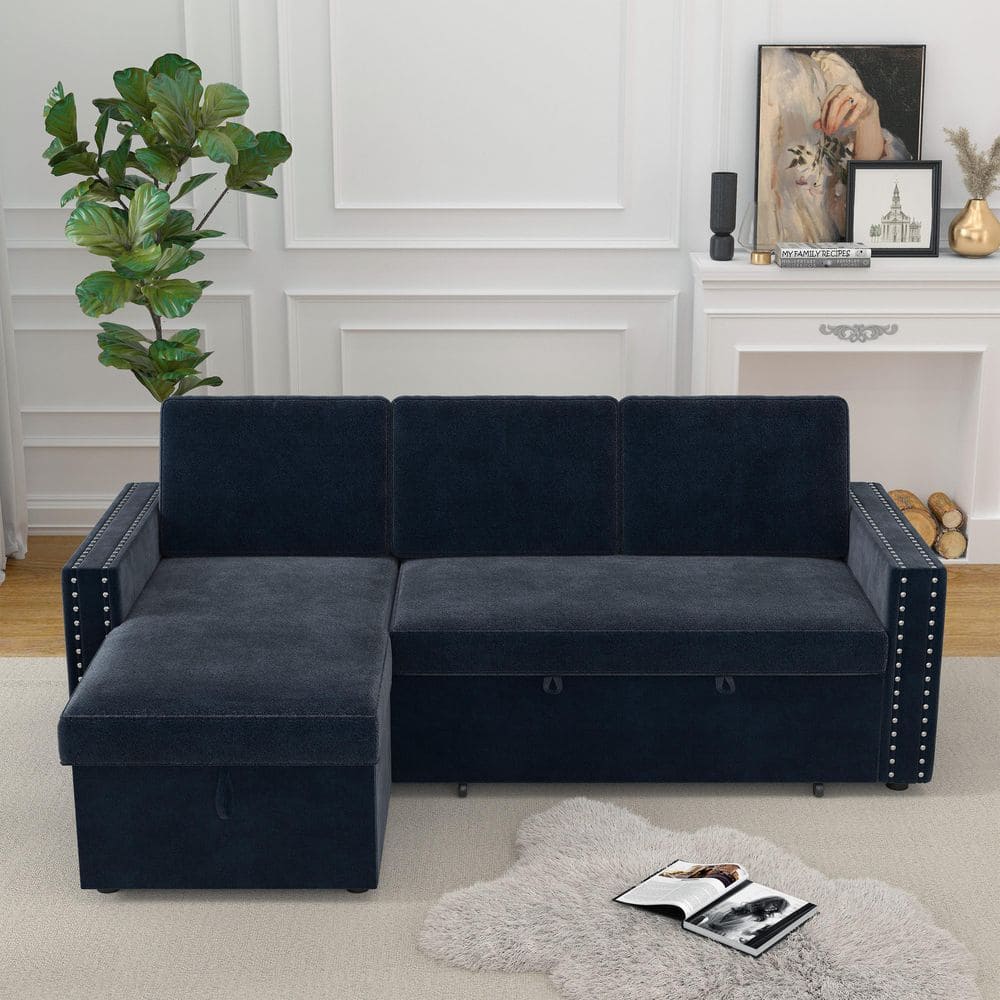 Navy 85 in. Chenille Pull-Out Sofa Bed 3-Seater Sleeper with Storage Chaise