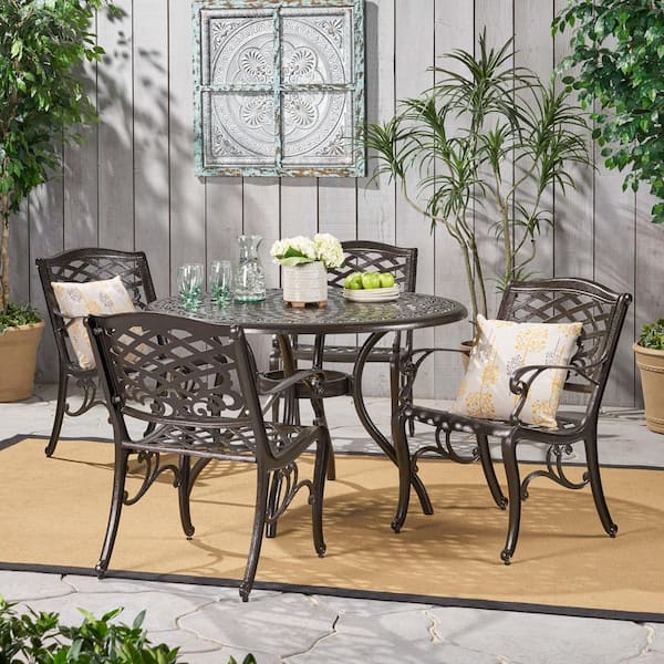 5-Piece High-Quality Bronze Cast Aluminum Round Outdoor Dining Set with Lattice, Scrollwork Tabletop and Curved Legs
