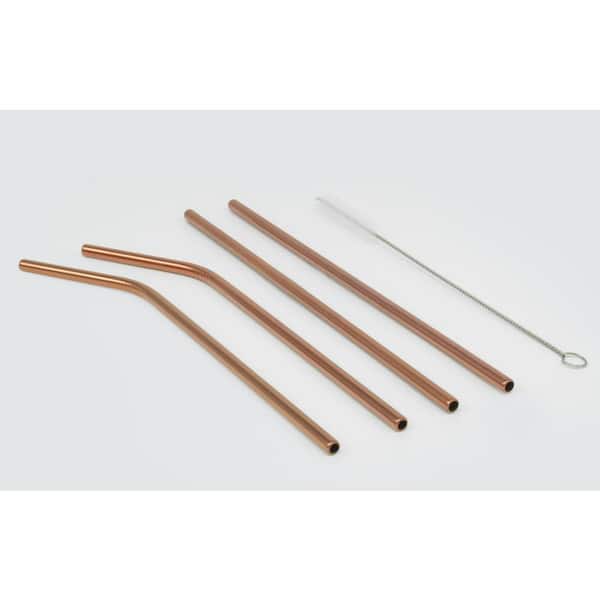 Brush Extra Wide 4pc Stainless Steel Metal Rose Gold Drinking Straw Set Pouch