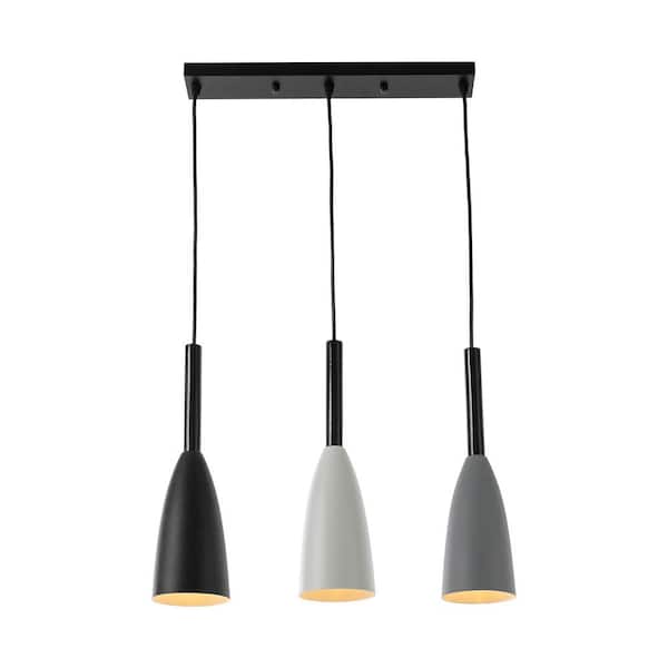 OUKANING 3-Light Black, 15.7 in. White and Gray Modern Kitchen Island Pendant Light with Adjustable Height, No Bulbs Included