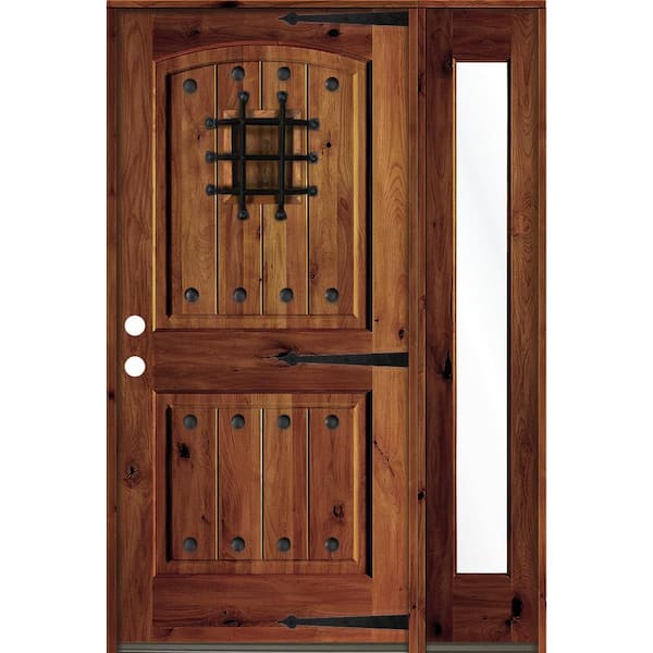 Krosswood Doors 50 in. x 80 in. Medit. Knotty Alder Right-Hand/Inswing Clear Glass Red Chestnut Stain Wood Prehung Front Door w/RFSL