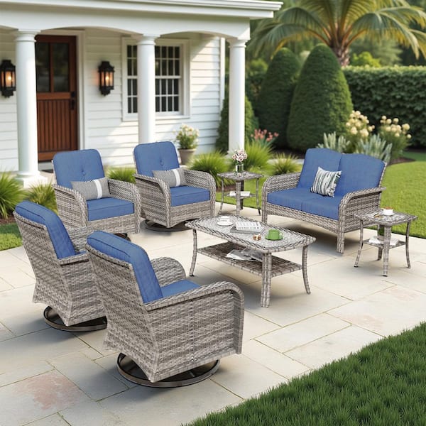 Meis Gray 8-Piece Wicker Patio Conversation Set with Denim Blue Cushions and Swivel Chairs