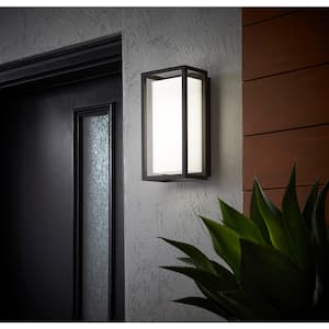 Abbey 14 in. Modern 1-Light Sand Black LED Hardwired Outdoor Wall Lantern Sconce with Acrylic White Shade (1-Pack)