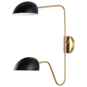 Trilby 37.375 in. 2-Light Matte Black/Burnished Brass Wall Sconce with Matte Black Metal Shade