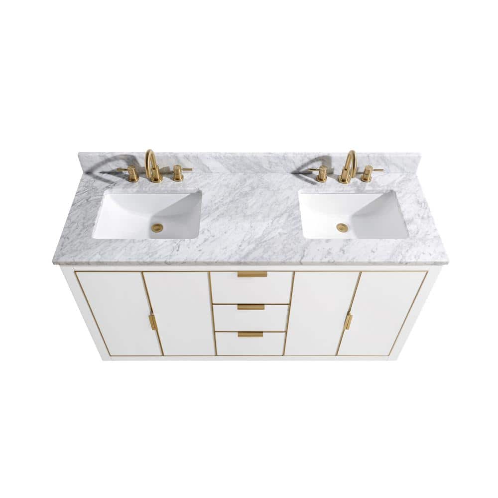 Contemporary 60" White Double Vanity with Marble Top and Gold Accents