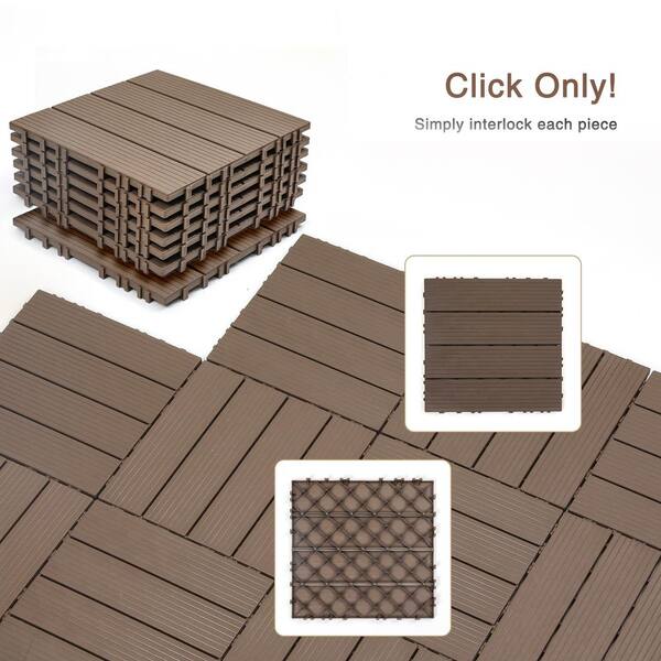 cadeninc 12 in. x 12 in. Square Waterproof Outdoor Plastic Interlocking Deck Tiles for Poolside Balcony Backyard, Brown (44-Pack)