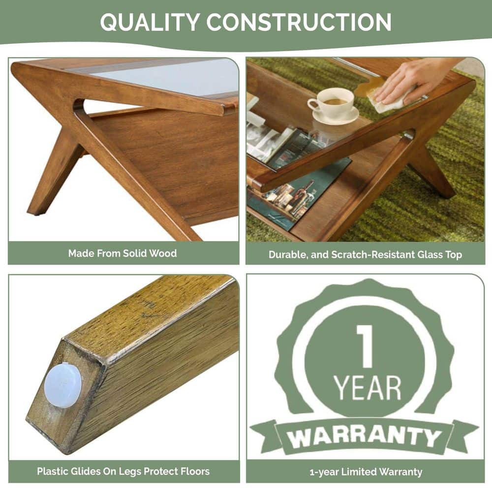 Retro Walnut Rubberwood Coffee Table with Glass Top
