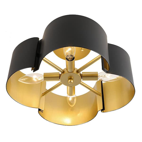 HUOKU Crucero 14.2 in. 4-Light Gloss Black Gold Flower Drum Semi