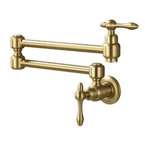 Wall Mounted Pot Filler with Double-Handle Folding Kitchen Faucet Swing Arm Modern Commercial Brass Tap in Brushed Gold