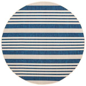 Courtyard Navy/Beige 7 ft. x 7 ft. Striped Indoor/Outdoor Patio  Round Area Rug