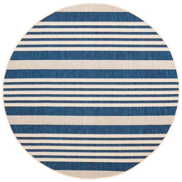 SAFAVIEH Courtyard Navy/Beige 7 ft. x 7 ft. Striped Indoor/Outdoor Patio  Round Area Rug