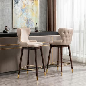 41.3 in. Beige Modern Fabric Faux Leather Bar Chairs, Tufted Gold Nailhead Trim Gold Decoration Bar Stools (Set of 2)