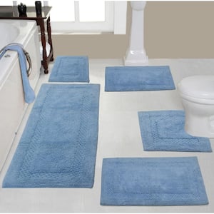 Classy 100% Cotton Bath Rugs Set, Machine Wash, 5-Pcs Set with Contour, Blue