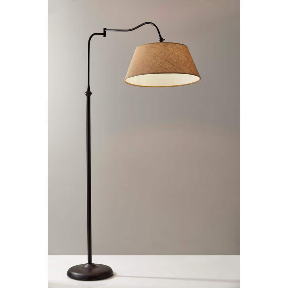 Antique Bronze Adjustable Swing Arm Floor Lamp with Burlap Shade
