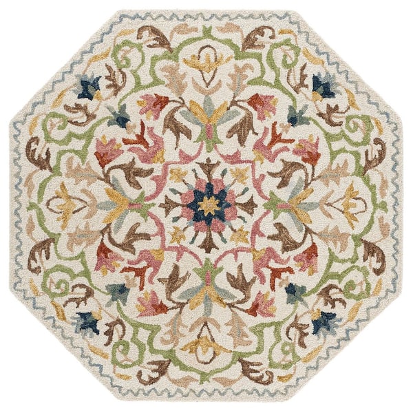 Jardin 5 ft. x 5 ft. Octagon Ivory/Green Concentric Floral Area Rug