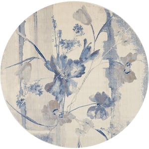 Somerset Ivory/Blue 8 ft. x 8 ft. Floral Contemporary Round Area Rug