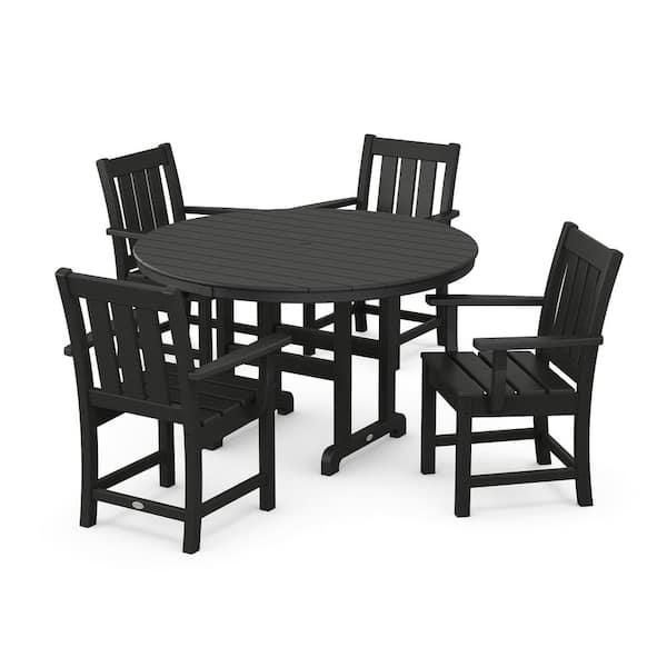 POLYWOOD Oxford 5-Piece Farmhouse Plastic Round Outdoor Dining Set in Black