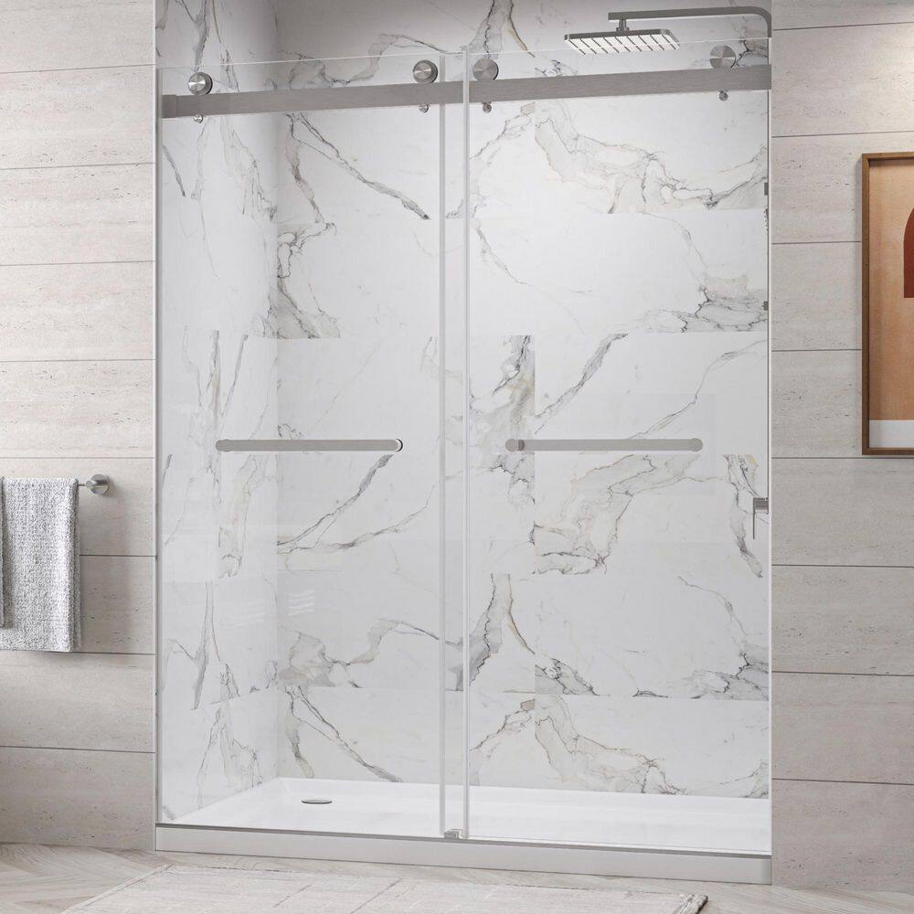 SolaPlus 62-66 in. W x 76 in. H Soft-Close Frameless Double Sliding in Brushed Nickel with 10mm Clear Glass price history on PriceWatchPro