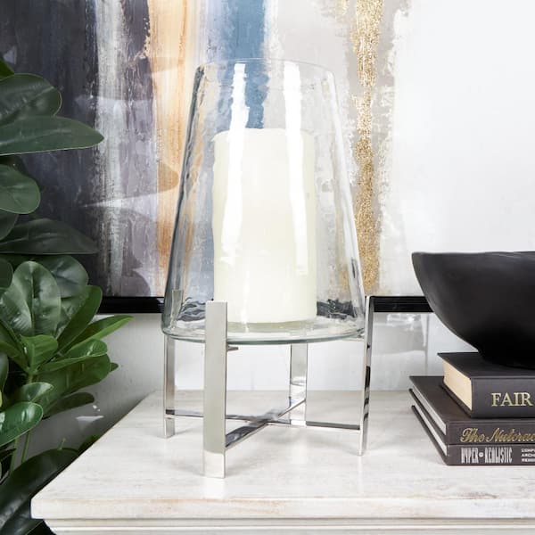 Litton Lane 14 in. Clear Stainless Steel Metal Hurricane Lamp