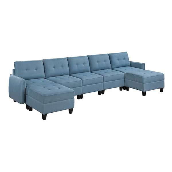 Lazzara Swallowtail 138 in. Pillow Top Arm 7-Piece Fabric Sectional Sofa with Storage 2 Ottomans in Blue
