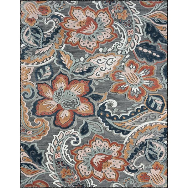 Tayse Rugs Tropic Floral Black 5 ft. x 7 ft. Indoor/Outdoor Area Rug