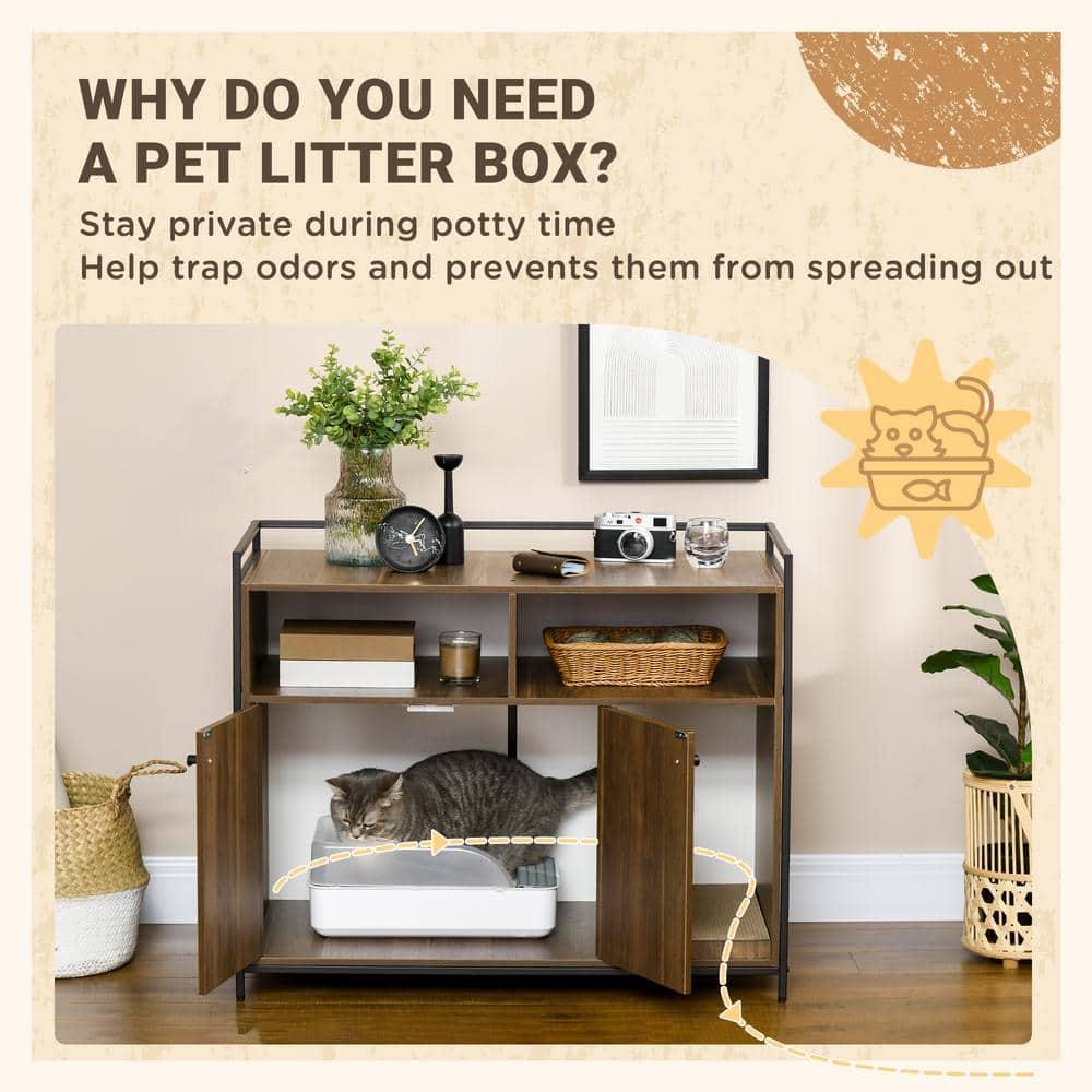 Brown Wood and Metal Freestanding Cat Litter Box Enclosure