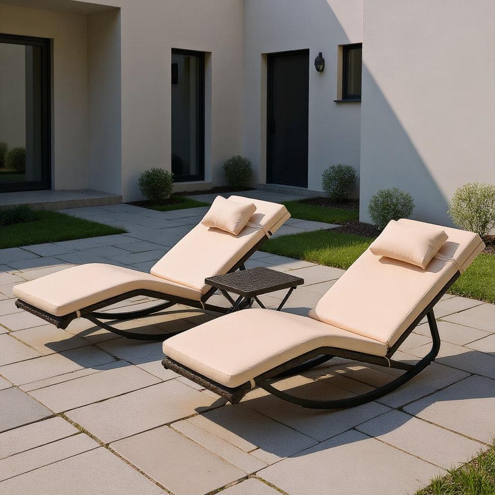 Black Metal Outdoor Lounge Chair with Beige Cushion and Folding Table for Patio, Garden, Backyard Set of 2 price history on PriceWatchPro