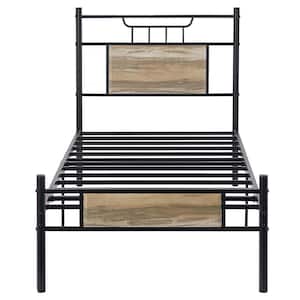 Industrial Bed Frame, Gray Metal Frame Twin Platform Bed with Wood Headboard and Footboard, Under Bed Storage