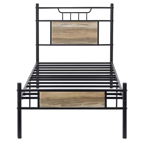 VECELO Industrial Bed Frame, Gray Metal Frame Twin Platform Bed with Wood Headboard and Footboard, Under Bed Storage