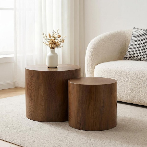 Elnor 18.11 in. and 14.57 in. Walnut Finish Round MDF Nesting Coffee Table Set with Non-Slip Feet, Set of 2