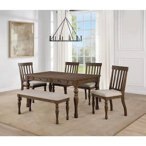 Joanna 6-Piece Brown Top Wood Dining Set with 4-Cushioned Chairs and Bench