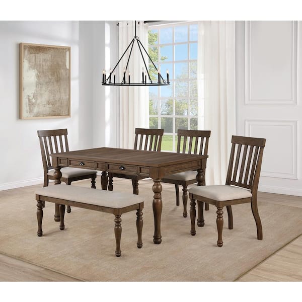 Joanna 6-Piece Brown Top Wood Dining Set with 4-Cushioned Chairs and Bench