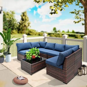 7-Piece Dark Blue Wicker Outdoor Furniture Conversation Set with Thick Cushions and Coffee Table