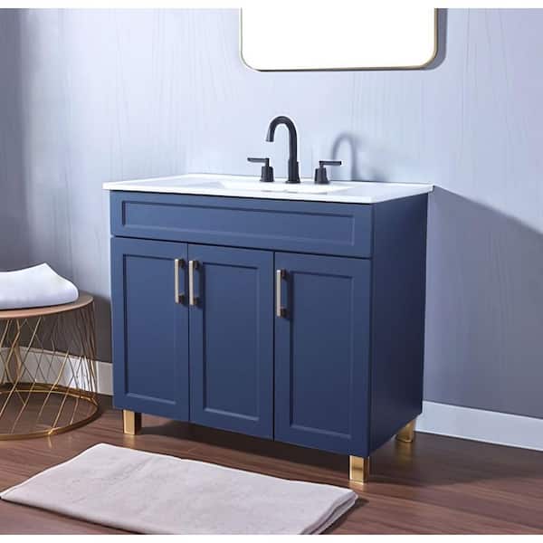 36 in. W x 18 in. D x 32 in. H Single Sink Blue Modern Bathroom Vanity with White Ceramic Sink Top
