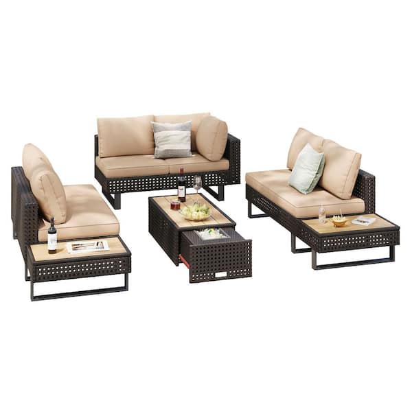 4-Piece Outdoor Patio Wricker Sectional Sofa Set with Extendable Coffee Table, Ice Bucket, Side Table, Cushions, Khaki