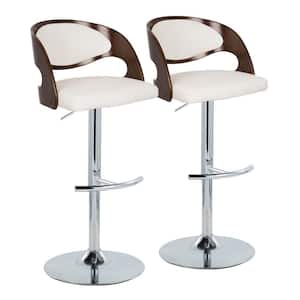 Pino 33 in. White Faux Leather, Cherry Wood and Chrome Metal Adjustable Bar Stool with Rounded T Footrest (Set of 2)