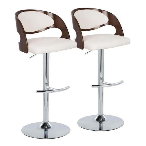 Lumisource Pino 33 in. White Faux Leather, Cherry Wood and Chrome Metal Adjustable Bar Stool with Rounded T Footrest (Set of 2)