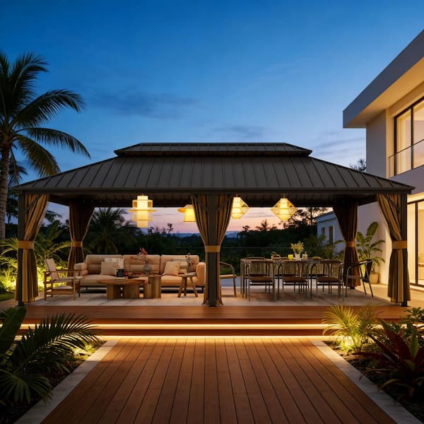 14 ft. x 24 ft. Outdoor Hardtop Gazebo with Double Roof, Galvanized Frame, Mesh and Curtains