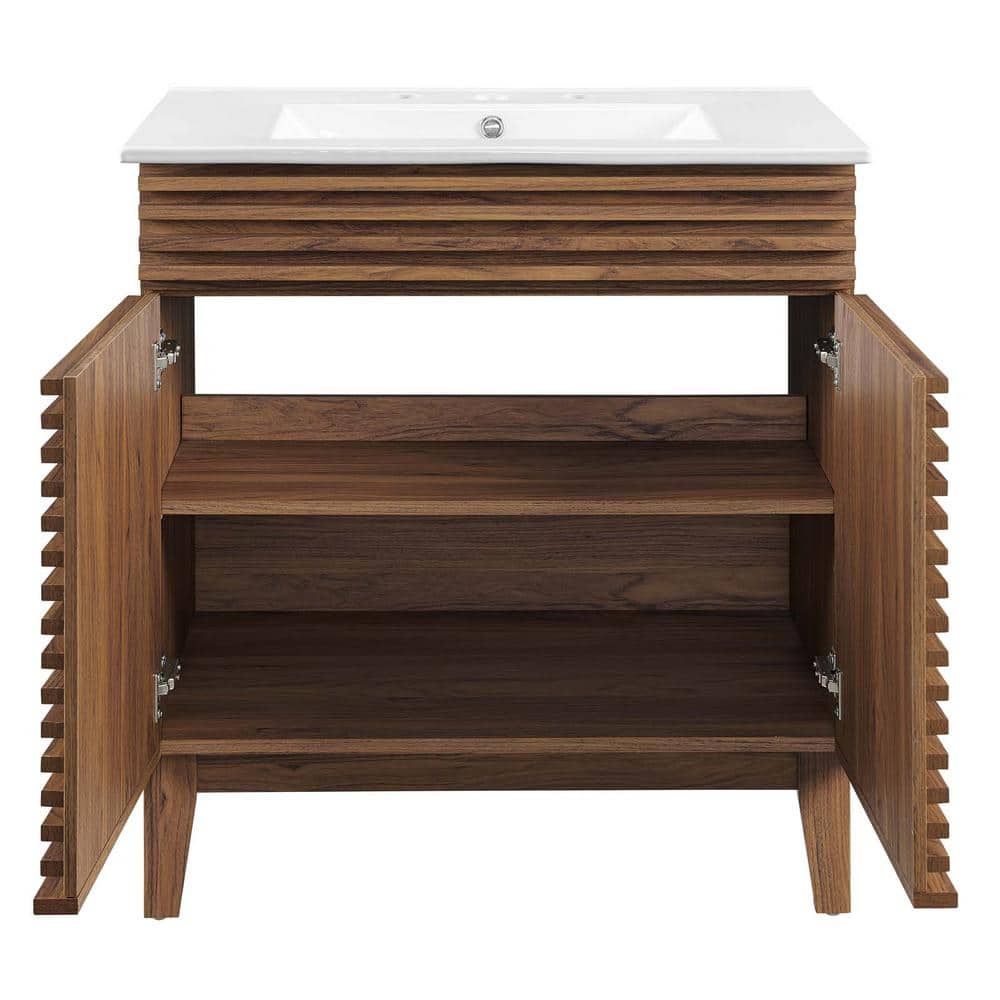 Mid-Century Modern 30" Walnut White Vanity Cabinet with Ceramic Basin