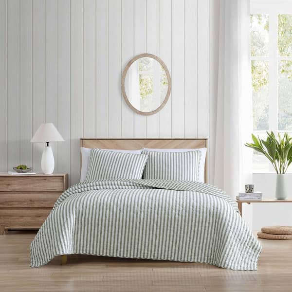 Stone Cottage Willow Way Ticking Stripe 2-Piece Sage Green Cotton Twin Quilt Set