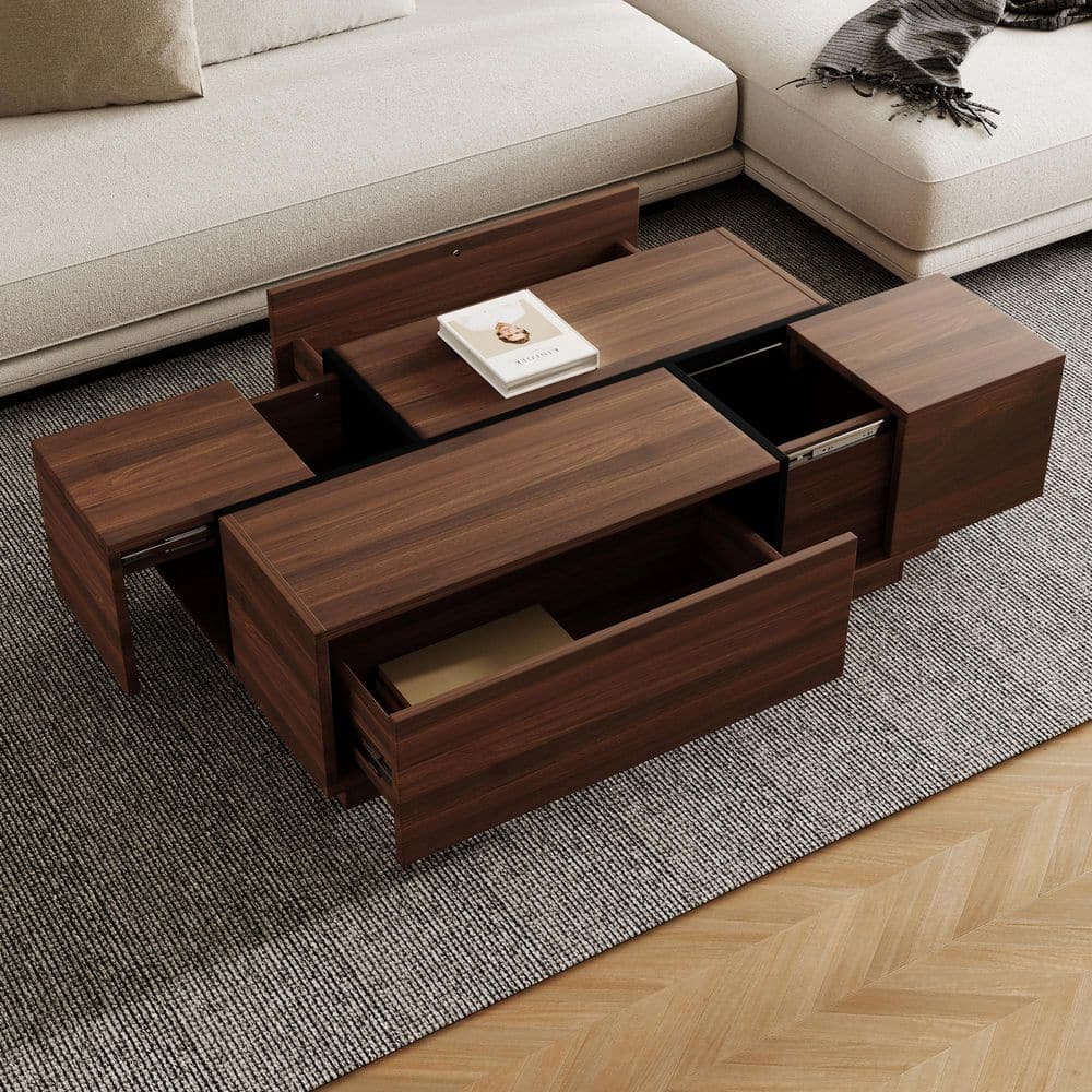 47.2 in. Walnut Rectangle MDF Sliding Top Coffee Table with 2 Drawers, 2 Hidden Storage