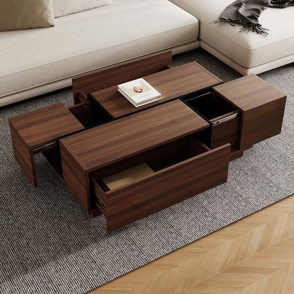 47.2 in. Walnut Rectangle MDF Sliding Top Coffee Table with 2 Drawers, 2 Hidden Storage